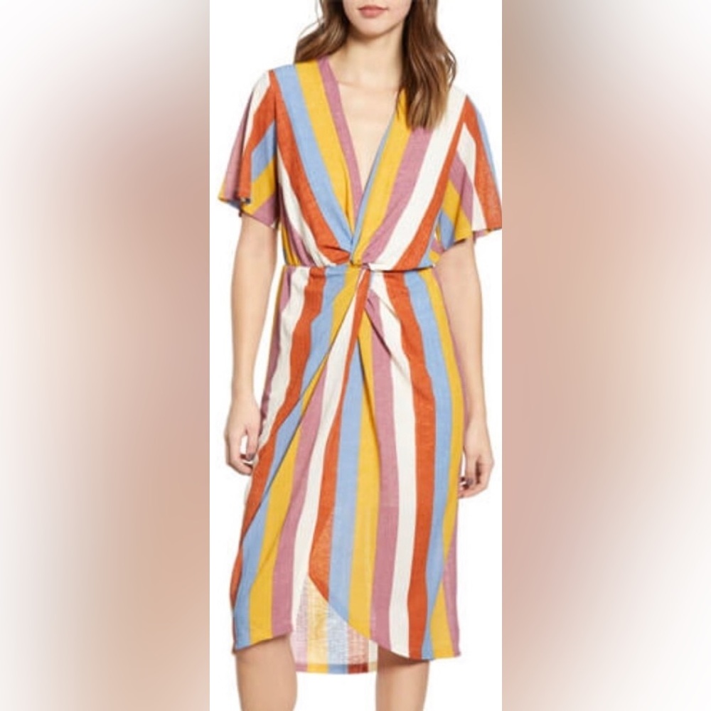 All In Favor Nordstrom muted rainbow stripes warp midi dress XS Mermaidcore